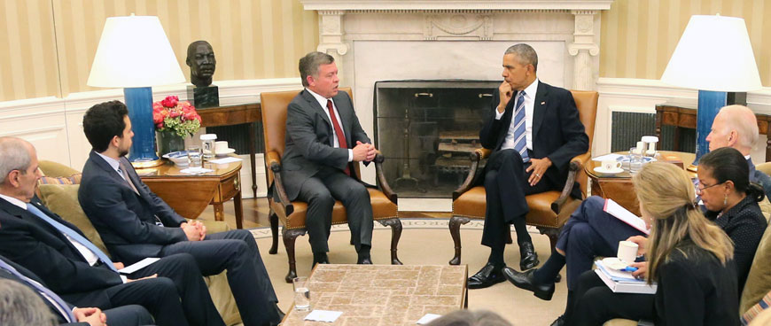 His Majesty King Abdullah, accompanied by HRH Crown Prince Hussein, holds talks with US President Barack Obama at the White House on Wednesday (Photo courtesy of Royal Court)