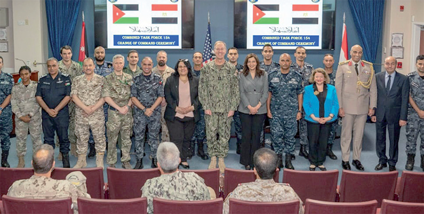The Royal Jordanian Navy and Royal Boats Command on Wednesday hands over the leadership of the Combined Task Force after seven months of command to the Egyptian Navy Command which is one of the Combined Maritime Forces based in Bahrain (Petra photo)
