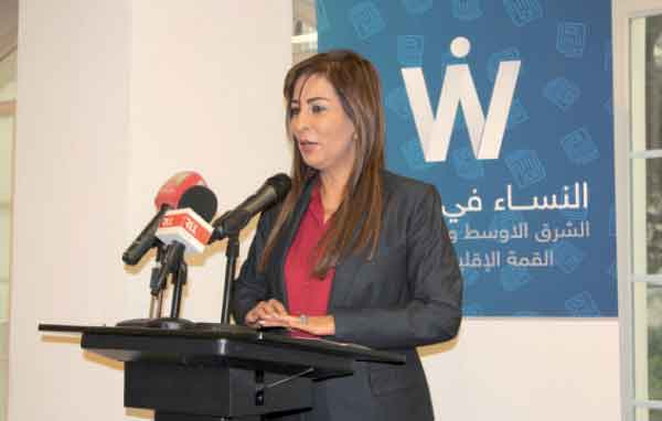 Minister of State for Media Affairs and Government Spokesperson Jumana Ghunaimat speaks during the regional conference of the Programme ‘Women in the Media’ organised by the International Organisation of Newspapers and Media Publishers (Wan-Ifra) in Lebanon (Photo courtesy of Petra)