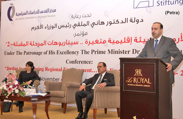 Deputising for Prime Minister Hani Mulki, State Minister for Media Affairs Mohammad Momani speaks at a regional conference in Amman, on Saturday (Petra photo)