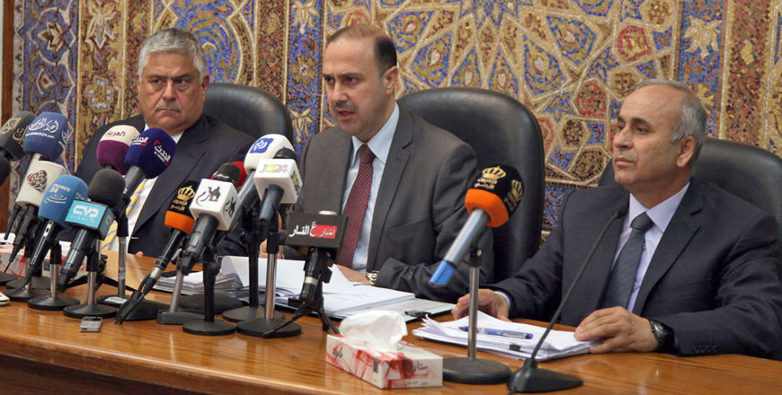 Senior officials speak to the media during a press briefing at the Prime Ministry following a Cabinet meeting on Monday (Petra photo)