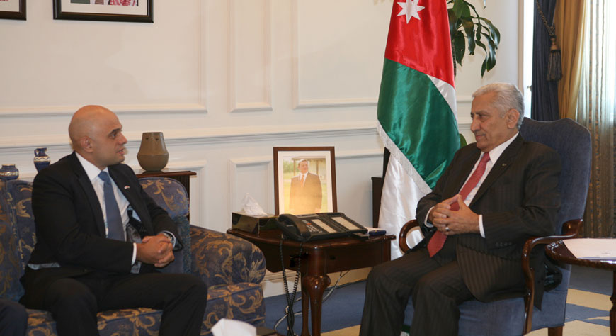 Prime Minister Abdullah Ensour (right) meets British Secretary of State for Business, Innovation and Skills Sajid Javid in Amman on Sunday (Petra photo)