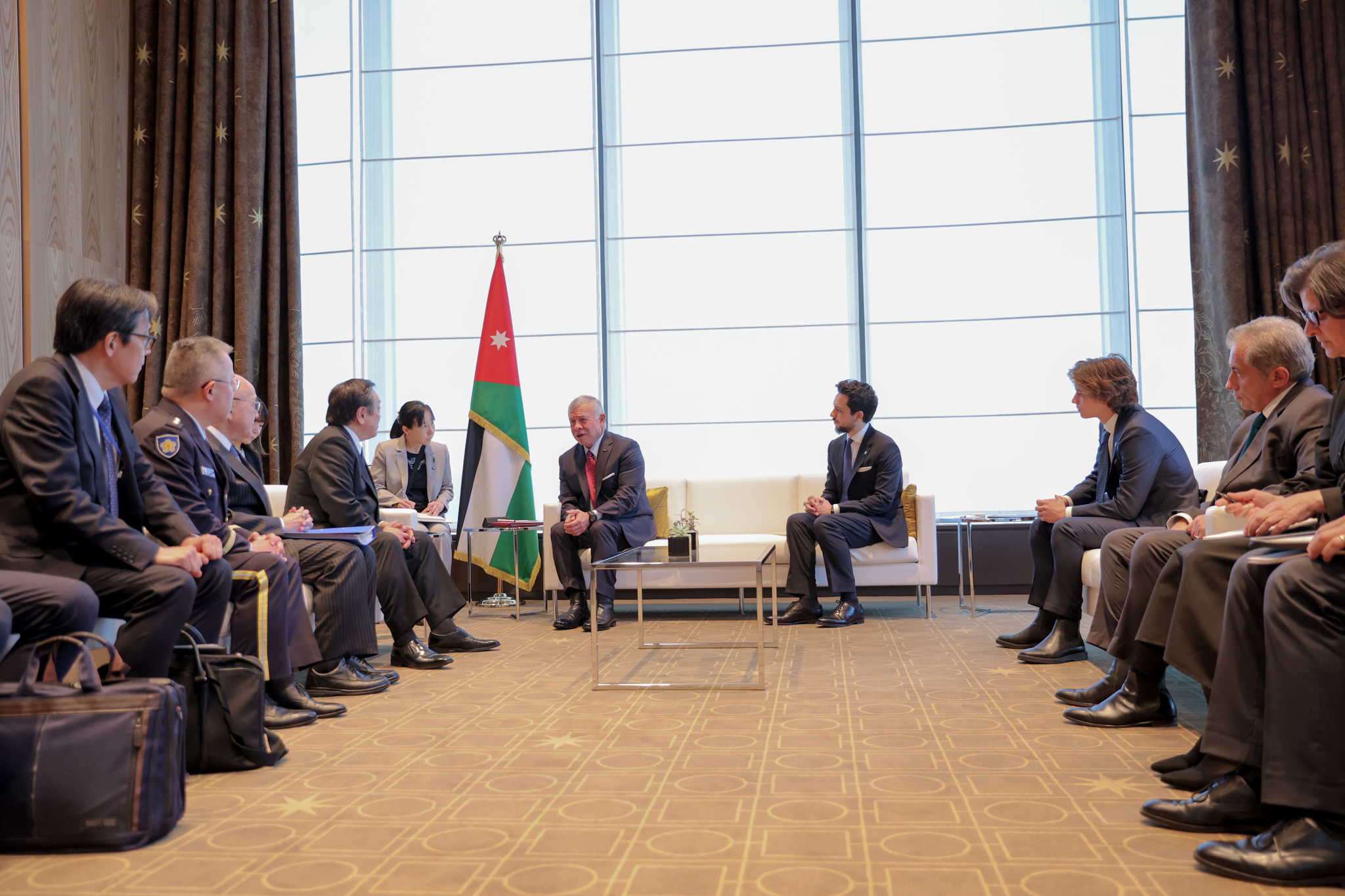 His Majesty King Abdullah II holds a meeting with Japan Defence Minister Hamada Yasukazu, attended by His Royal Highness Crown Prince Al Hussein, and discusses means to enhance defence cooperation and efforts to counter terrorism within a holistic approach  (Photo courtesy of the Royal Court) 