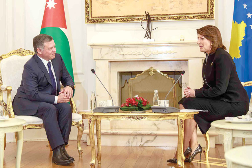 His Majesty King Abdullah meets with Kosovo's President Atifete Jahjaga in Pristina on Tuesday (Photo courtesy of Royal Court)