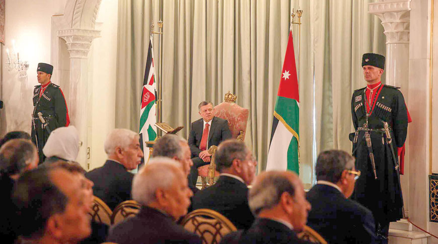 His Majesty King Abdullah listens to the Senate's and Lower House's replies to the Speech from the Throne at Raghadan Palace on Sunday (Photo courtesy of Royal Court)