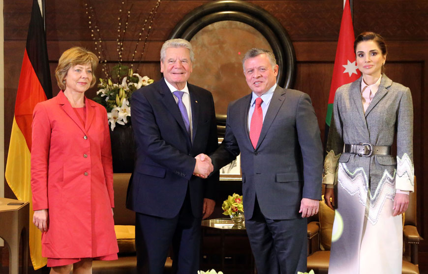 Their Majesties King Abdullah and Queen Rania receive Germany’s President Joachim Gauck and the First Lady in Amman on Monday (Photo courtesy of Royal Court)