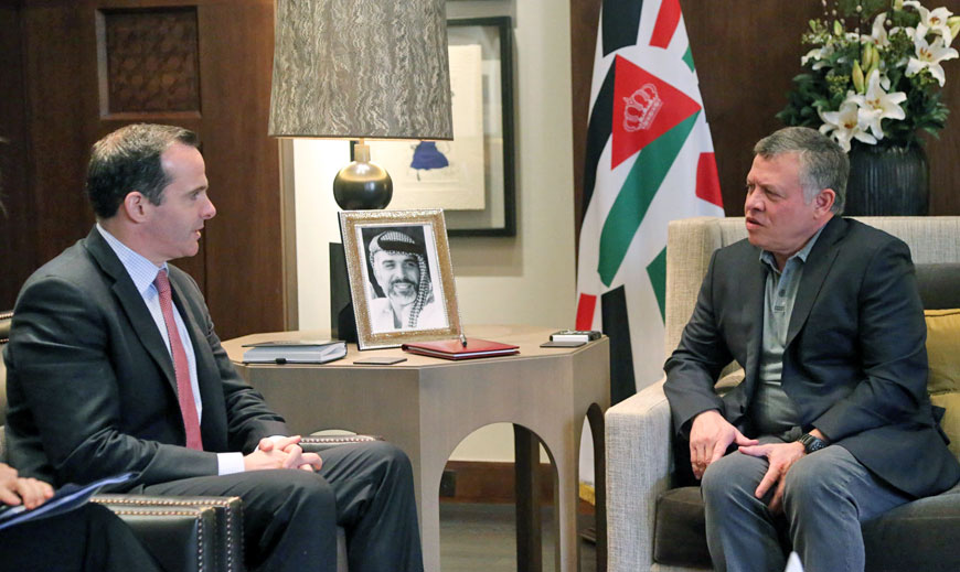 His Majesty King Abdullah meets with US Special Presidential Envoy for the Global Coalition to Counter Daesh Brett McGurk in Amman on Sunday (Photo courtesy of Royal Court)