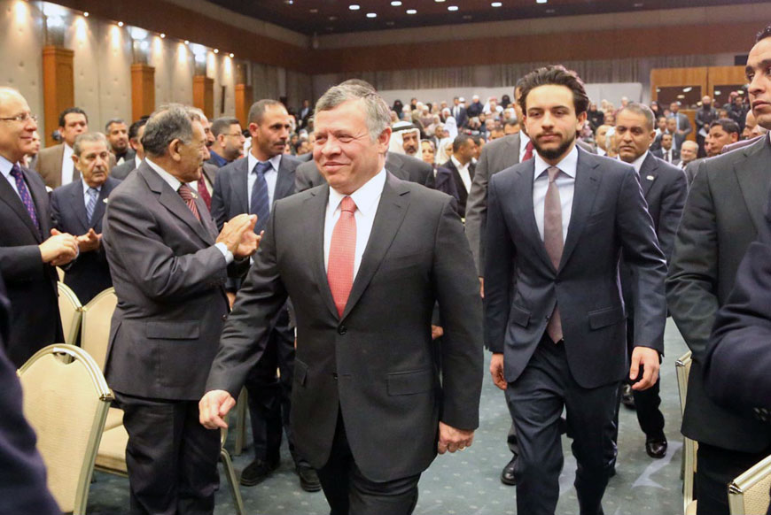 His Majesty King Abdullah and HRH Crown Prince Hussein arrive at a ceremony to celebrate the birthday of Prophet Mohammad in Amman on Wednesday (Photo courtesy of Royal Court)