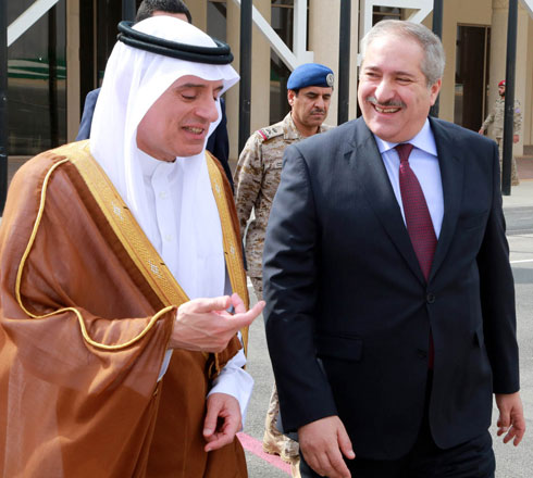 Deputy Prime Minister and Foreign Minister Nasser Judeh (right) is received by his Saudi counterpart Adel Al Jubeir ahead of their meeting in Riyadh on Saturday  (Petra photo)