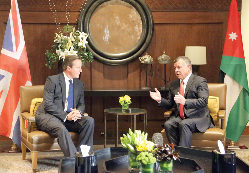 His Majesty King Abdullah meets with British Prime Minister David Cameron in Amman on Monday (Photo courtesy of Royal Court)