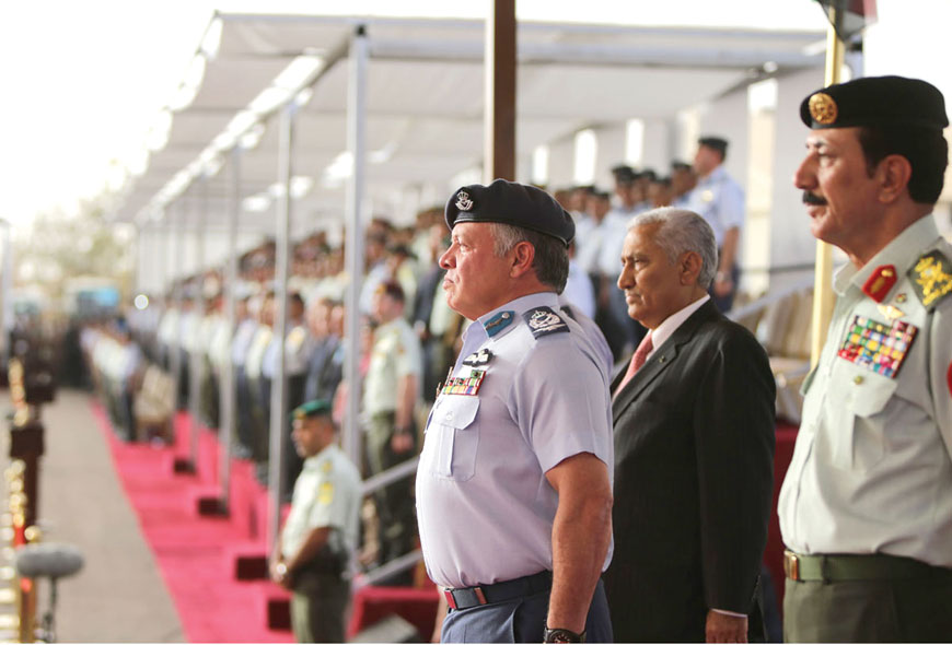His Majesty King Abdullah attends a ceremony during which he honoured air force squadrons for their bravery,  in Azraq on Wednesday (Photo courtesy of Royal Court)