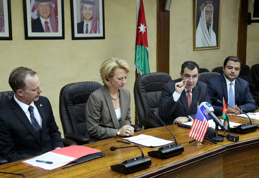 Minister of Planning and International Cooperation Imad Fakhoury speaks during a signing ceremony of US grant deals in Amman on Monday  (Photo courtesy of Planning Ministry)