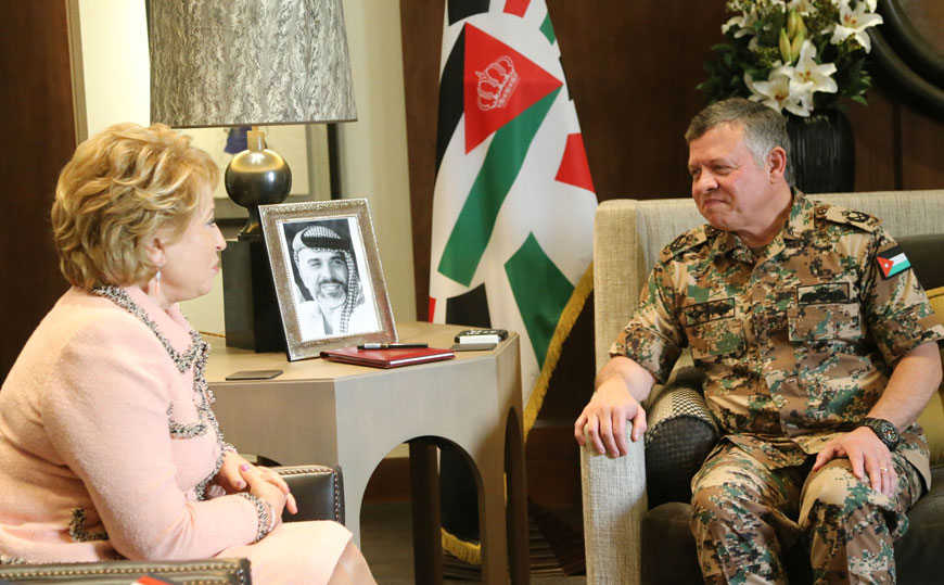 His Majesty King Abdullah meets with Chairwoman of the Russian Federation Council Valentina Matviyenko in Amman on Monday (Photo courtesy of Royal Court)