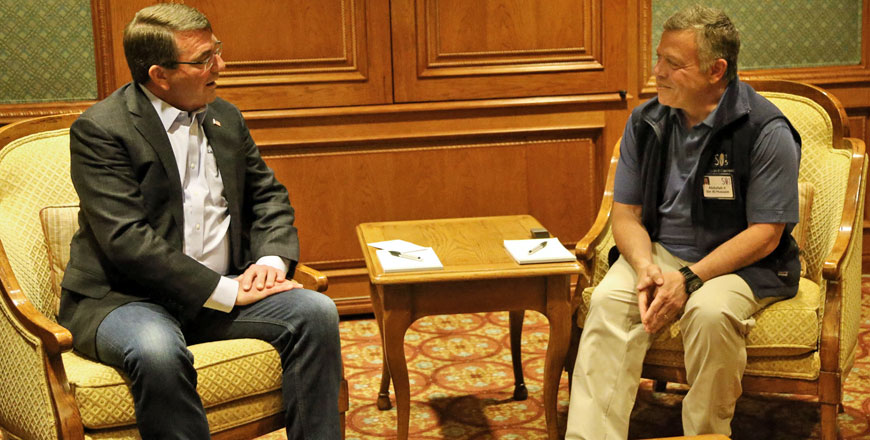 His Majesty King Abdullah meets US Defence Secretary Ashton Carter on the sidelines of the Economic Forum held at Sun Valley, Idaho, on Saturday (Photo courtesy of Royal Court)