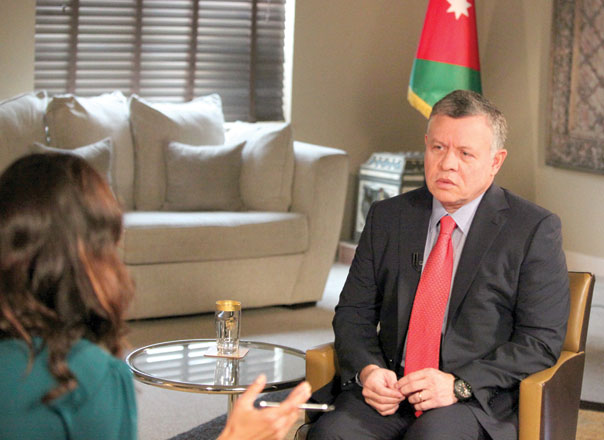 His Majesty King Abdullah speaks to Isabelle Kumar in an interview broadcast by Euronews channel on Wednesday (Photo courtesy of Royal Court)