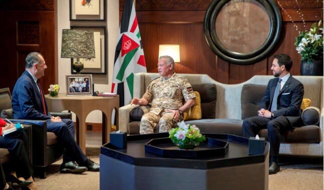 His Majesty King Abdullah on Tuesday receives Hellenic Republic Foreign Minister Giorgos Gerapetritis at Al Husseiniya Palace, where he stresses the importance of maintaining the Gaza ceasefire to bolster regional security and stability.  (Photo courtesy of Royal Court)