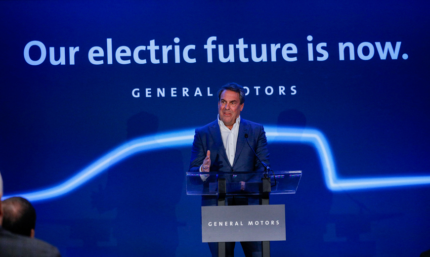 In this file photo taken on January 26, 2020, Mark Reuss, president of General Motors, announces that GMs Detroit-Hamtramck Assembly plant will build the all-electric Cruise Origin self-driving shuttle in Hamtramck, Michigan (AFP photo)