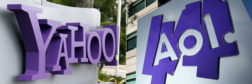   This combination of photos shows the Yahoo logo displayed in front of the Yahoo headqarters in Sunnyvale, California and the AOL logo posted on a sign in front of the AOL Inc. offices in Palo Alto, California (AFP file photo)  