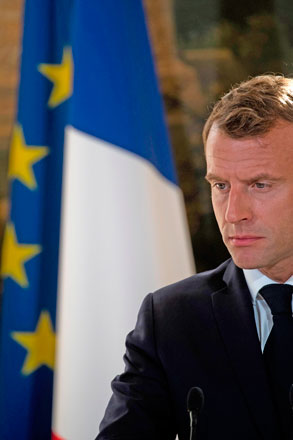 French President Emmanuel Macron attends a joint news conference with South Korean President Moon Jae-in at the Elysee Palace in Paris on Monday (AFP photo)