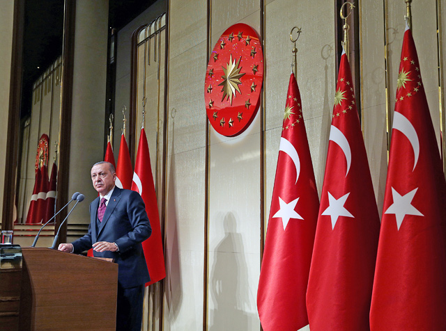 Turkish President Recep Tayyip Erdogan makes a speech during his meeting with mukhtars at the Presidential Palace in Ankara, Turkey, on Wednesday (Reuters photo)