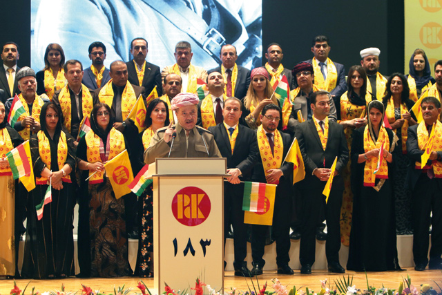 Former Iraqi Kurdistan region's president Masoud Barzani speaks to his supporters ahead of regional elections in Erbil, Iraq, on Tuesday (Reuters photo)
