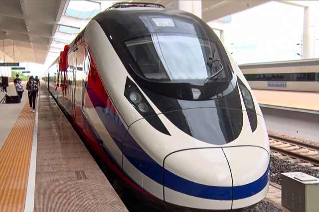 This file frame grab from Lao National TV video footage taken on October 16 via AFPTV shows the Lane Xang bullet train at the Vientiane Railway Station in Vientiane (AFP photo)