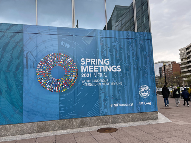 A sign is seen on Thursday at the International Monetary Fund building to announce the upcoming virtual meetings at the IMF/ World Bank from April 5-11, 2021 amid the COVID-19 pandemic in Washington, DC (AFP file photo)
