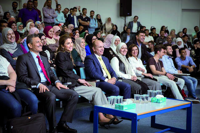 Her Majesty Queen Rania attends a talk by business leaders and Google employees in Hertfordshire, the UK , in this recent photo (Photo courtesy of the Royal Court)