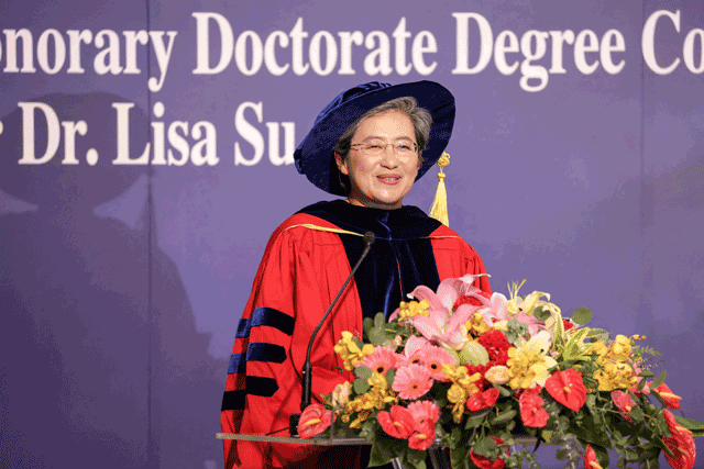 Lisa Su, CEO of Advanced Micro Devices (AMD), gives a speech during her honorary doctorate degree conferral ceremony from the National Yang Ming Chiao Tung University in Hsinchu, on Thursday (AFP photo)