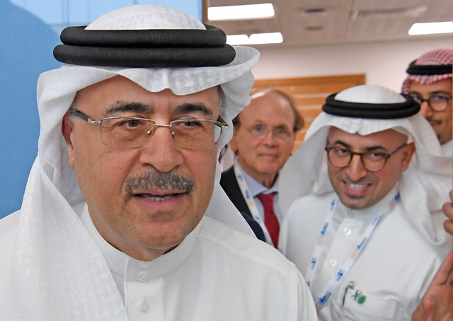Saudi state oil company Aramco's CEO Amin Nasser (left) attends the 24th World Energy Congress in the UAE capital Abu Dhabi on Tuesday (AFP photo)