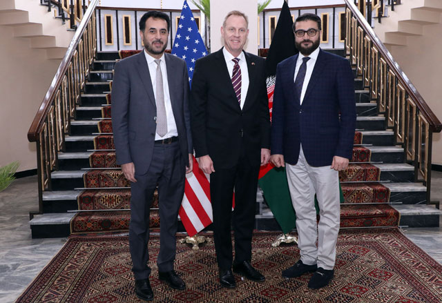 In this handout photo released by Afghanistan's Government Media and Information Centre on Monday, acting Pentagon chief Patrick Shanahan (centre) is seen with Afghanistan's acting defence minister Asadullah Khalid (left) and Afghan National Security Adviser Hamdullah Mohib (right) in Kabul (AFP photo)