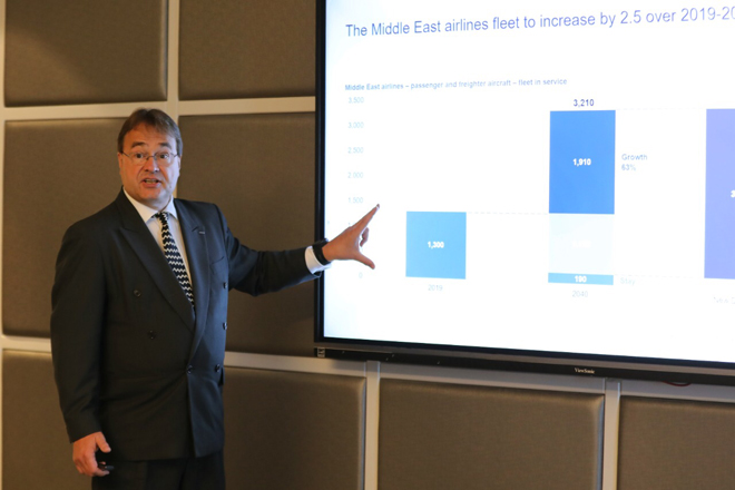 Joep Ellers, Airbus Airline marketing director for Africa and the Levant, speaks during a media briefing in Amman on Wednesday  (Photo by Osama Aqarbeh)