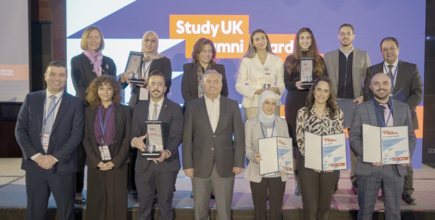 Winners pose for a photo with officials during the Study UK Alumni Awards 2022-23 in Jordan, during a ceremony in Amman on Wednesday (Photo courtesy of the British Council)
