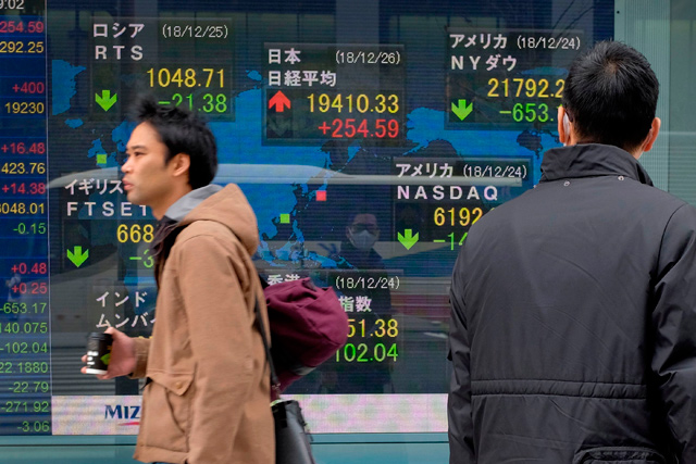 Pedestrians walk past a stock indicator board showing the share price of the Tokyo Stock Exchange (centre) in Tokyo on Wednesday (AFP photo)