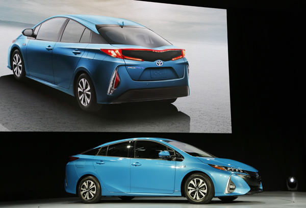 The 2017 Toyota Prius Prime is shown at the New York International Auto Show, in New York, on Wednesday (AP photo)