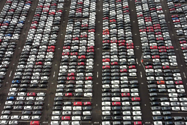 An aerial view shows lines of new Honda cars parked up at the Royal Portbury Dock in Avonmouth, near Bristol in south-west England, on Friday (AFP photo)
