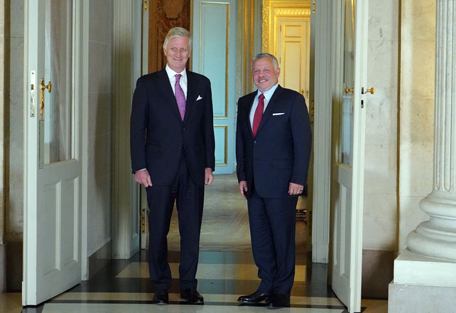His Majesty King Abdullah poses for a photo with King Philippe of Belgium in Brussels on Tuesday (Photo courtesy of Royal Court)