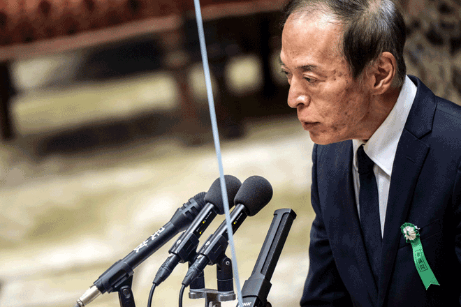 Kazuo Ueda, a candidate for the new governor of the Bank of Japan, speaks during a Q&A session at the House of Representatives of the parliament in Tokyo on Friday (AFP photo)