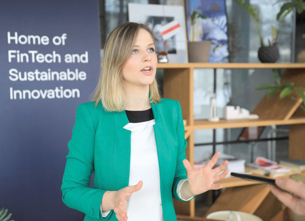Rockit CEO Sarune Smalakyte speaks during an interview at the offices of the Rockit workspace for FinTech founders in Vilnius on February 12 (AFP photo)