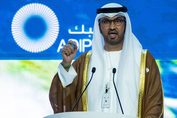 The president of the upcoming COP28 climate change Sultan Ahmed Al Jaber speaks during the Abu Dhabi International Petroleum Exhibition at ADNEC Exhibition Centre on Monday (AFP photo)