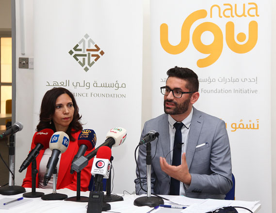 Crown Prince Foundation CEO Tamam Mango and Naua CEO Ahmad Zu’bi speak during a press conference in Amman on Monday (Petra photo)
