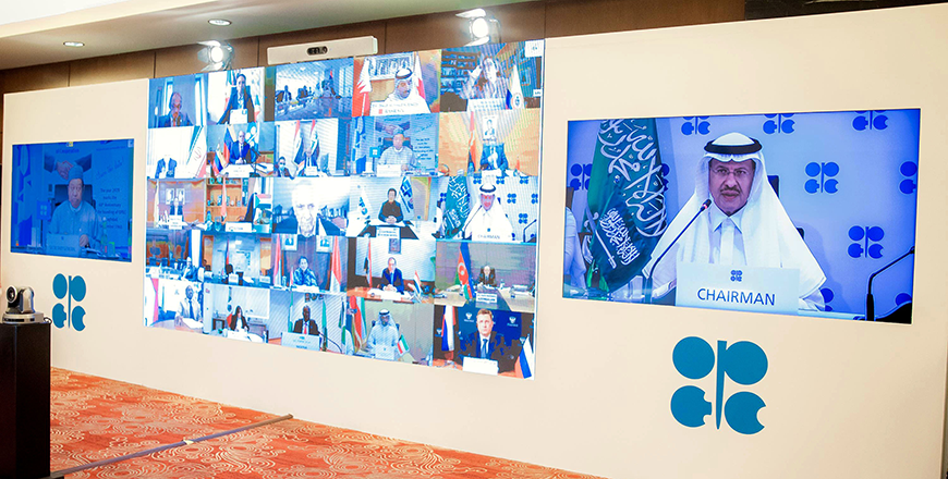 Saudi Energy Minister Prince Abdulaziz Bin Salman Al Saud (right), chairing the virtual extraordinary meeting of the Organisation of the Petroleum Exporting Countries (OPEC) and non-OPEC countries on April 9, 2020 (  AFP photo)