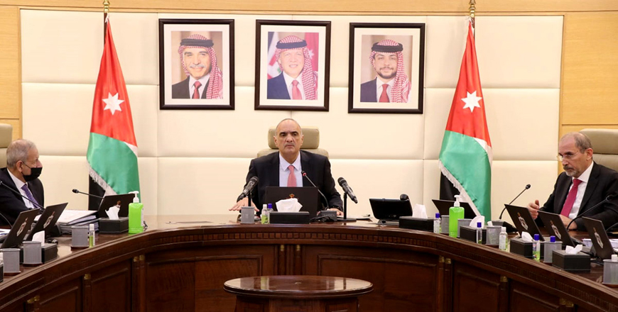Prime Minister and Minister of Defence Bisher Al Khasawneh speaks during a Cabinet meeting on Israeli escalations at Al Aqsa Mosque on Sunday (Petra photo)