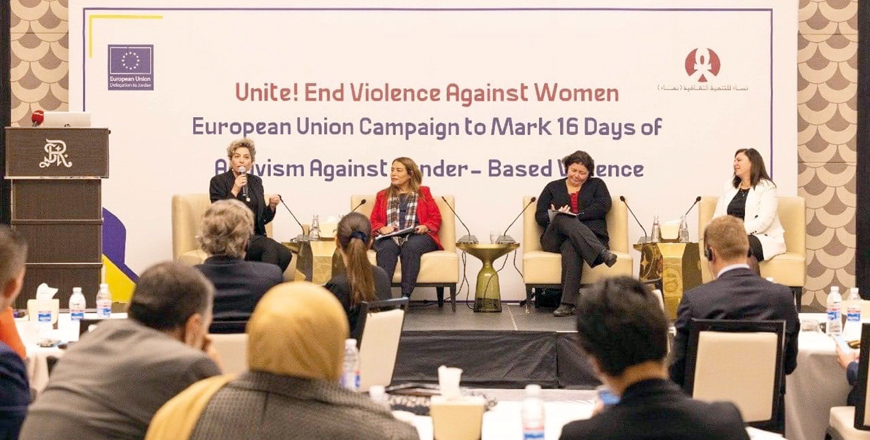 Speakers during the closing ceremony for the 2022 edition of the 16 Days of Activism Against Gender-Based Violence UN campaign in Amman on Thursday (Photo courtesy of European Union in Jordan Facebook page)