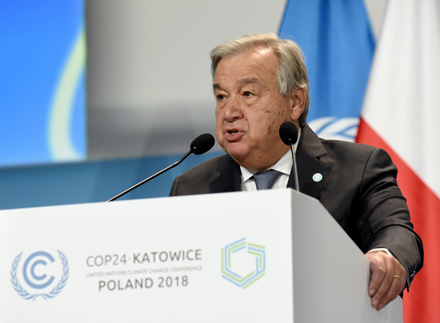 United Nations Secretary General Antonio Guterres delivers a speech during the opening of the COP24 summit on climate change in Katowice, Poland, on Monday   (AFP photo)