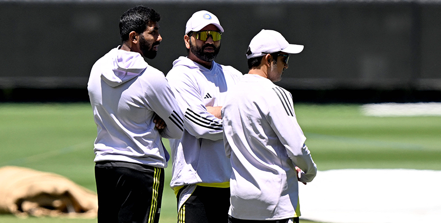 Indian bowler Jasprit Bumrah (left), captain Rohit Sharma (centre) and coach Gautam Gambhir inspect the match wicket at the Melbourne Cricket Ground (MCG) in Melbourne on Tuesday (AFP photo)