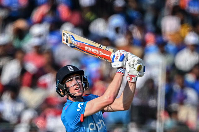 England's Harry Brook watches the ball after playing a shot during the second One-Day international (ODI) cricket match between India and England at the Barabati Stadium in Cuttack on February 9 (AFP photo)