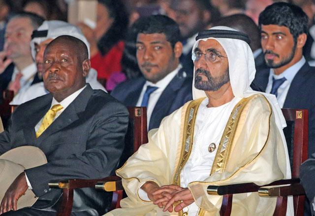 Vice President of the United Arab Emirates and Ruler of Dubai Mohammed Bin Rashid Al Maktoum (right) sits next to Uganda’s President Yoweri Museveni during the opening of the Global Business Forum on Africa in Dubai, on Wednesday (AFP photo)