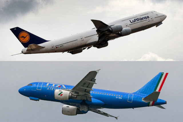 This combination of files photo created on January 27, 2023 shows a Lufthansa Boeing 747 taking off overhead at the airport in Frankfurt am Main, western Germany, on August 1, 2022 and an Airbus A319-112 bearing the ITA Airways livery taking off from Rome's Fiumicino airport on November 3, 2022 (AFP photo)