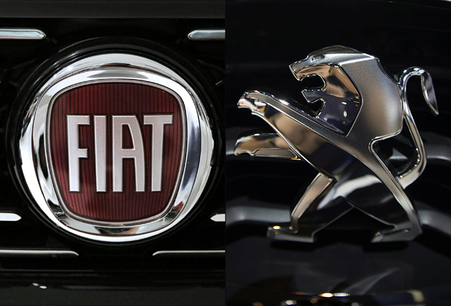  This combination of file photographs shows the logo of Italian auto maker Fiat (left) in a car dealership in Saluzzo, near Turin on January 12, 2017, and the Peugeot logo at the 2014 Paris Auto Show in Paris on October 3, 2014 (AFP photo)